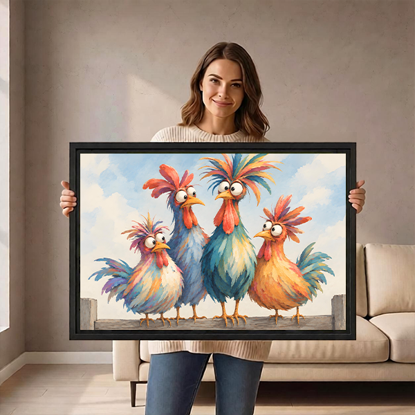 Framed whimsical rooster family canvas wall art displayed above a bed in a calm bedroom