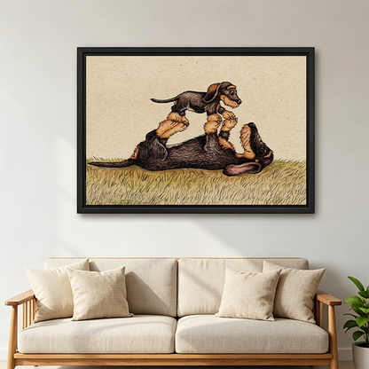 Vintage dogs playing framed canvas wall art above sofa – whimsical puppy print for living room