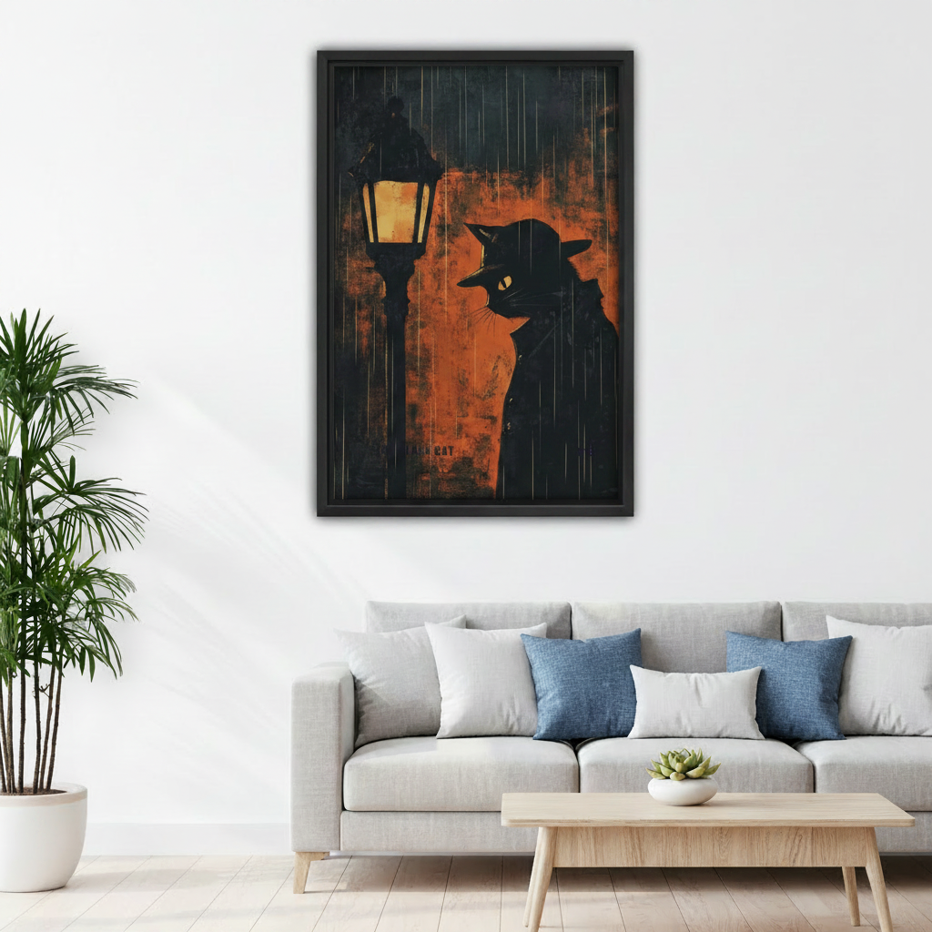 Black cat noir canvas print above sofa — moody amber rainy night wall art for living room decor