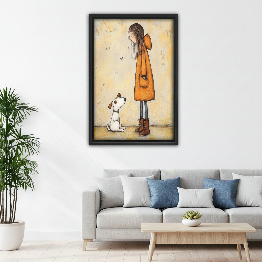 Whimsical girl and puppy framed canvas print above living room sofa — warm neutral wall decor