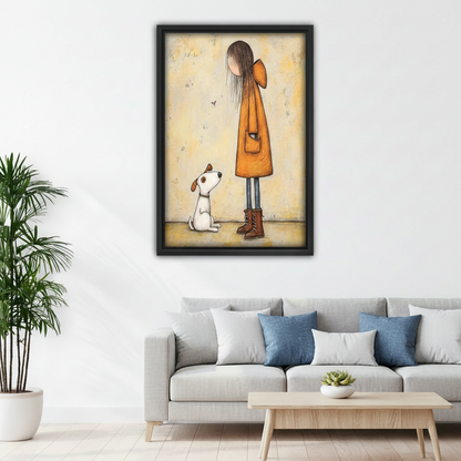 Whimsical girl and puppy framed canvas print above living room sofa — warm neutral wall decor