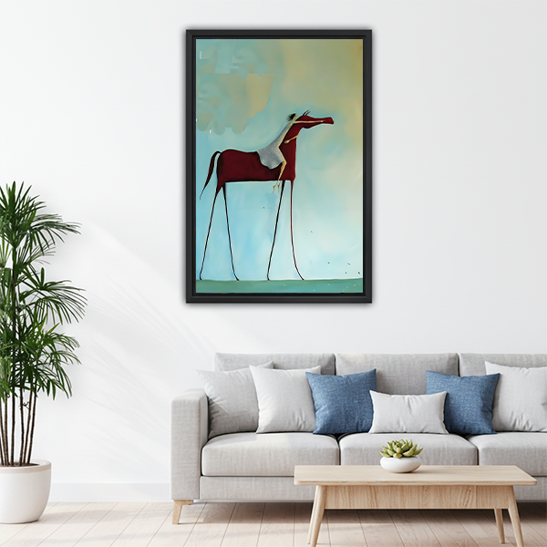 Surrealist horse framed wall art above living room sofa in neutral home decor