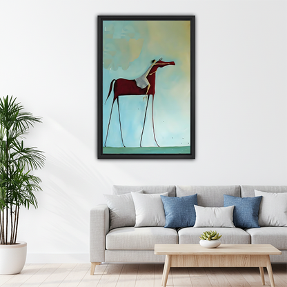 Surrealist horse framed wall art above living room sofa in neutral home decor