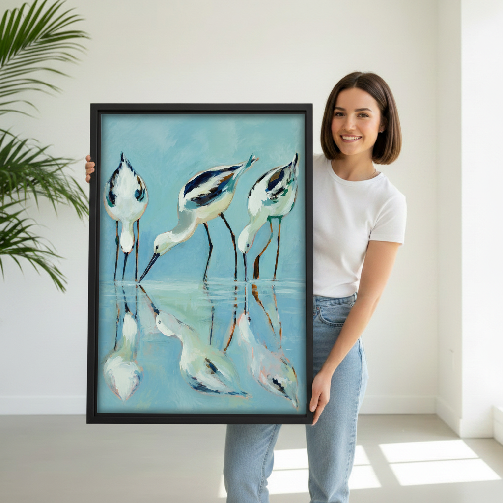 Woman holding large framed three avocet shorebirds wading water reflection wall art print, black frame, teal blue coastal oil painting style, showing actual print size in a bright modern studio