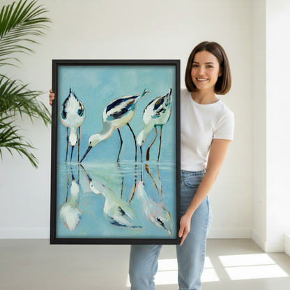 Woman holding large framed three avocet shorebirds wading water reflection wall art print, black frame, teal blue coastal oil painting style, showing actual print size in a bright modern studio