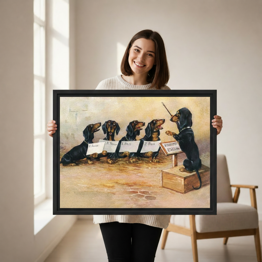 Woman holding large framed Victorian dachshund choir conductor vintage canvas wall art print