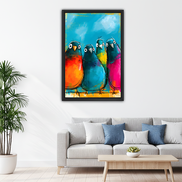 Vibrant chubby birds squad expressive oil painting framed wall art in black frame above gray sofa with blue cushions and round wood coffee table