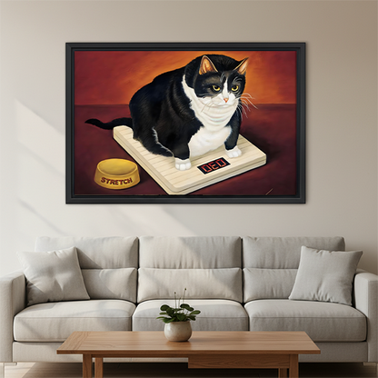 Funny chubby cat wall art in black frame displayed above living room sofa