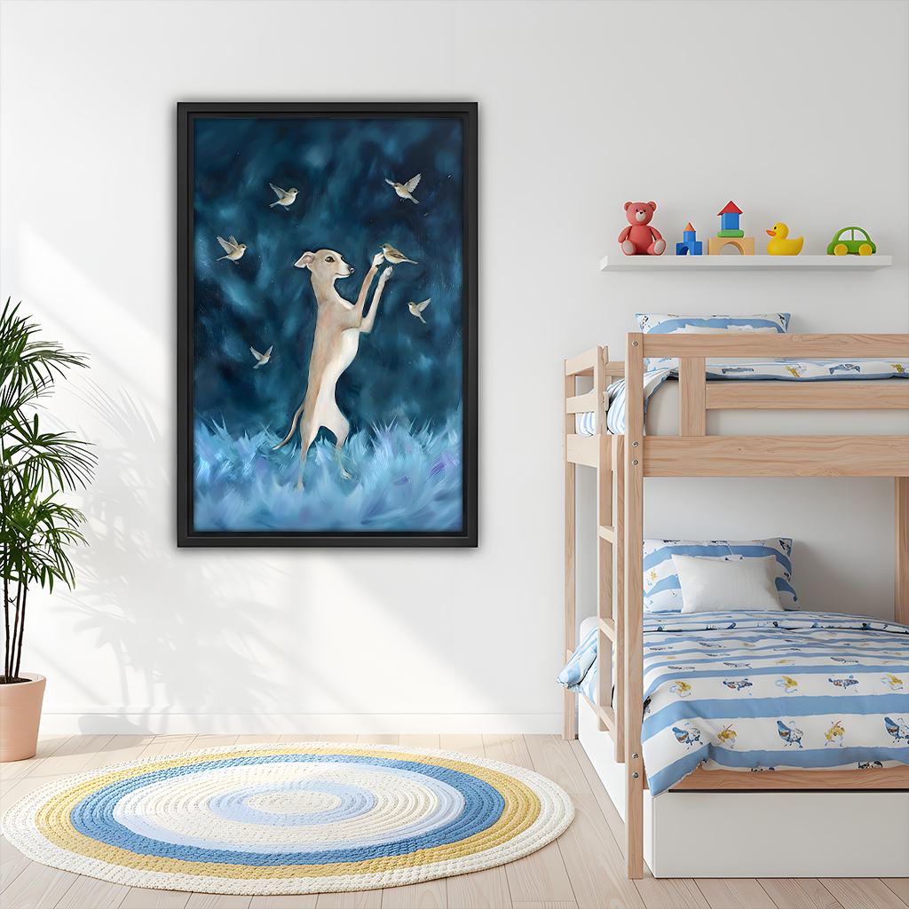 Dreamy greyhound birds fantasy oil painting framed canvas wall art in kids bedroom – magical dog print above bunk bed with colorful toys