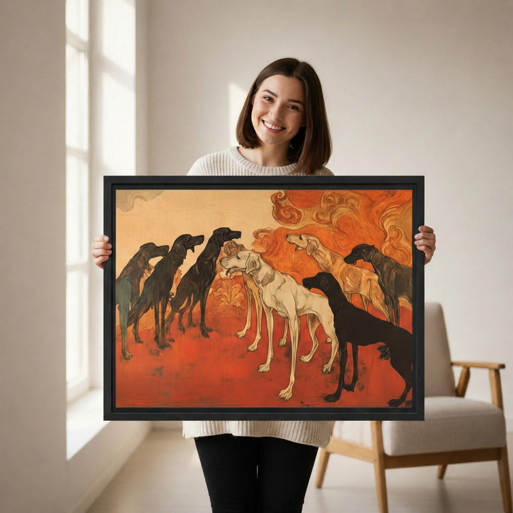 Woman holding large Art Nouveau hound canvas print, vintage dog wall art in terracotta and amber tones
