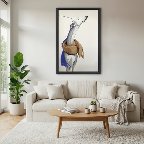 Elegant greyhound with scarf watercolor framed canvas print above beige sofa – modern chic dog portrait wall art for living room