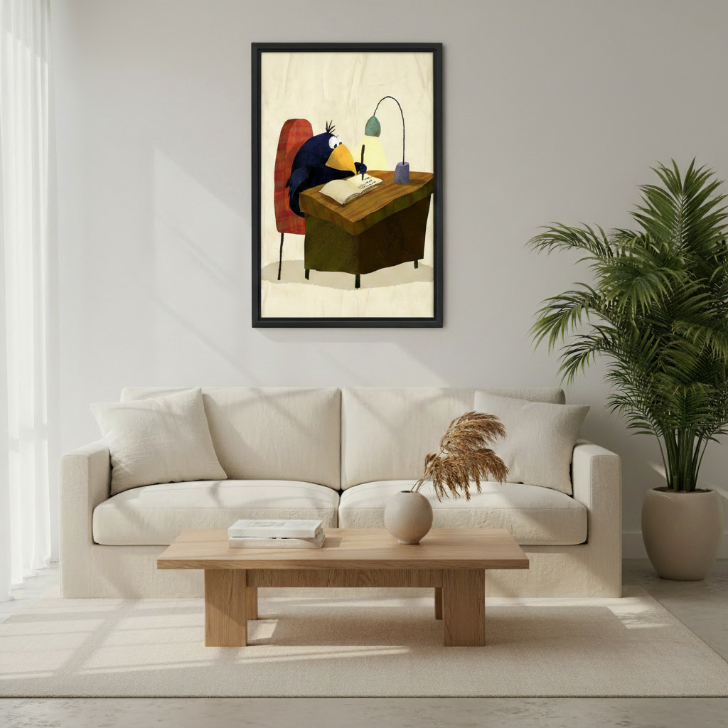 Crow writing at desk framed wall art print above sofa in bright Scandinavian living room