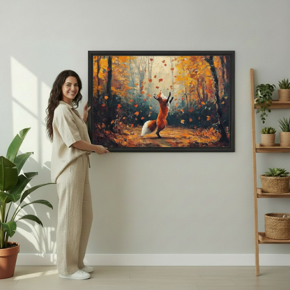 Joyful Dancing Fox Autumn Wall Print – Impressionist Framed Art for Modern and Rustic Interiors