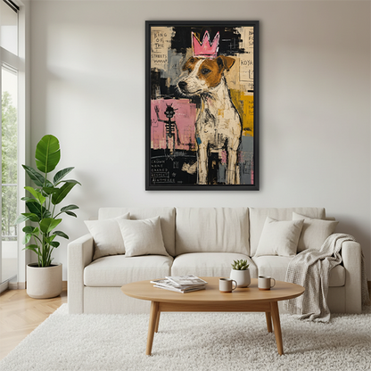 King of streets dog pink crown graffiti framed canvas wall art above white sofa in cozy modern living room with coffee table