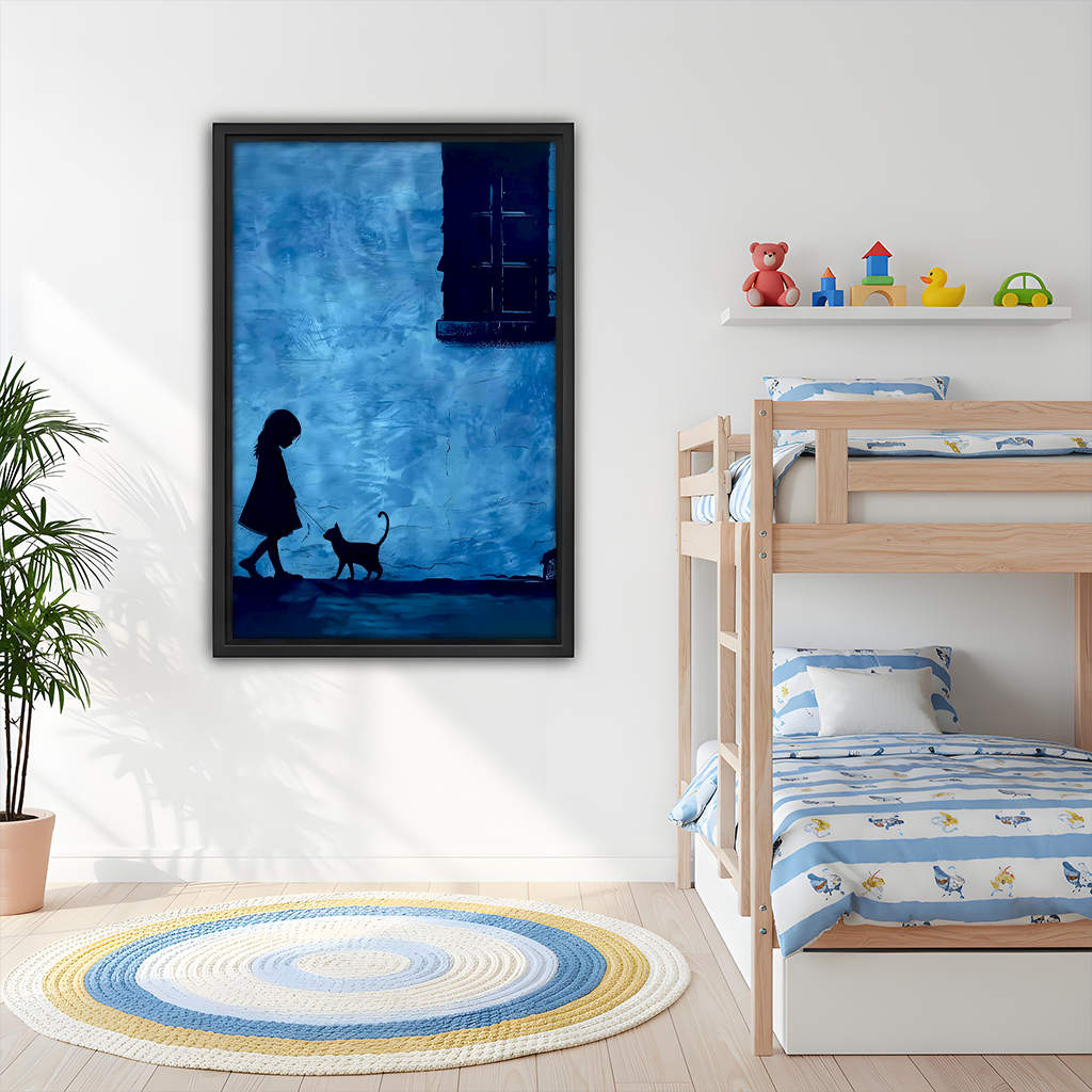 Moody blue girl and cat silhouette wall art print in black frame above gray sofa in Scandinavian living room