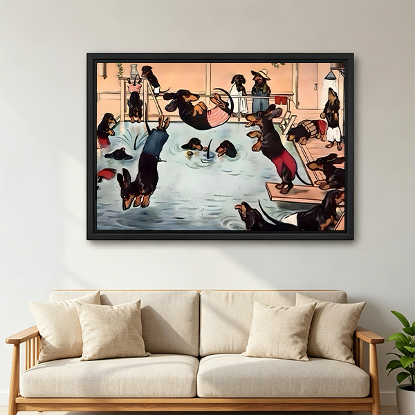 Vintage Dachshund Pool Party Framed Wall Art Print Above Sofa Living Room