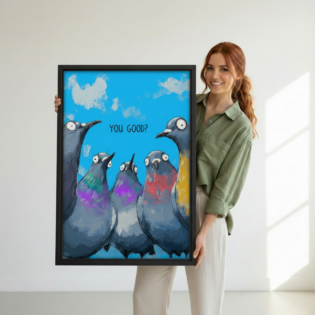 Woman holding large framed funny pigeons "You Good?" wall art print, black frame, colorful whimsical bird illustration, showing actual print size