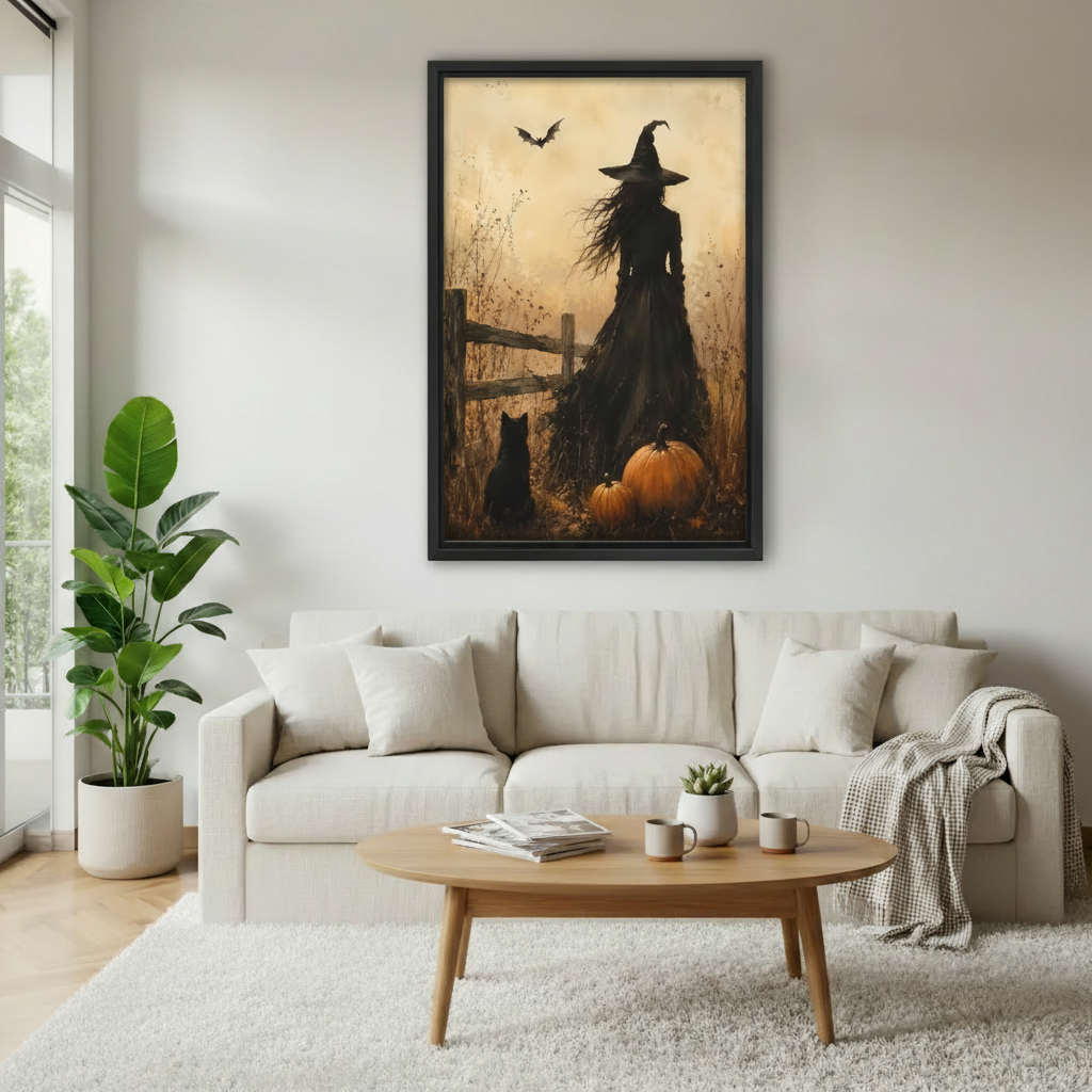 Dark academia witch and black cat canvas wall art above white sofa — moody autumn framed print, Halloween home decor