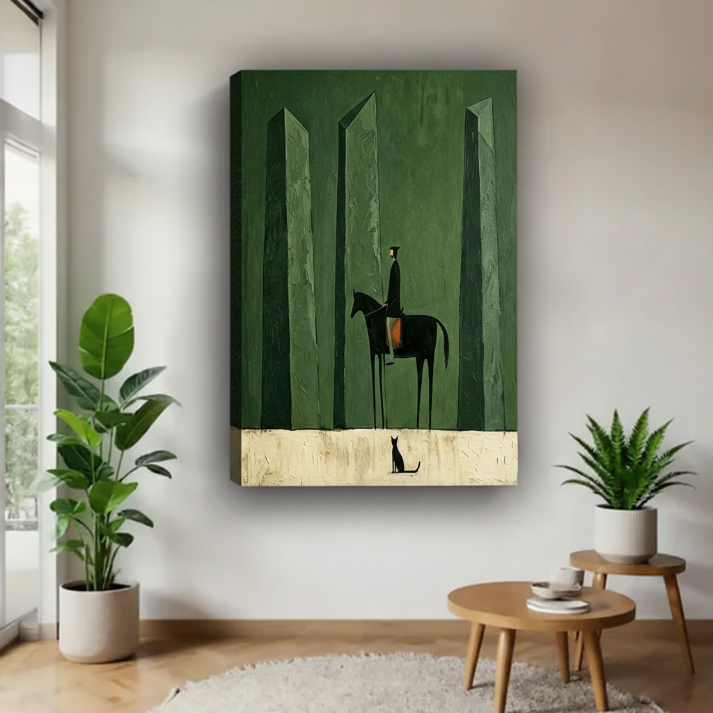 Minimalist knight forest gallery wrap canvas wall art no frame above side table, dark green moody horse rider and sitting cat home decor