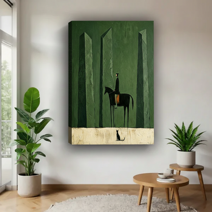 Minimalist knight forest gallery wrap canvas wall art no frame above side table, dark green moody horse rider and sitting cat home decor