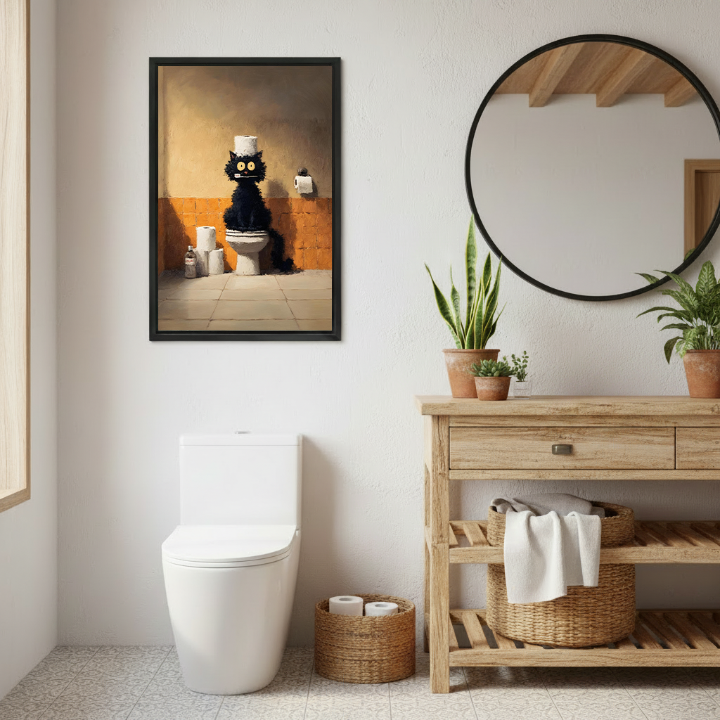 Funny black cat toilet wall art in black frame beside round mirror in rustic boho bathroom