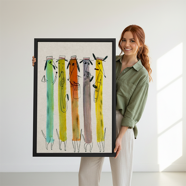 Woman holding jazz dog band watercolor framed art print showing size reference against white background