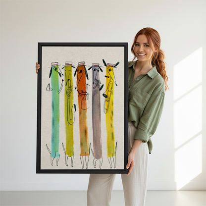 Woman holding jazz dog band watercolor framed art print showing size reference against white background