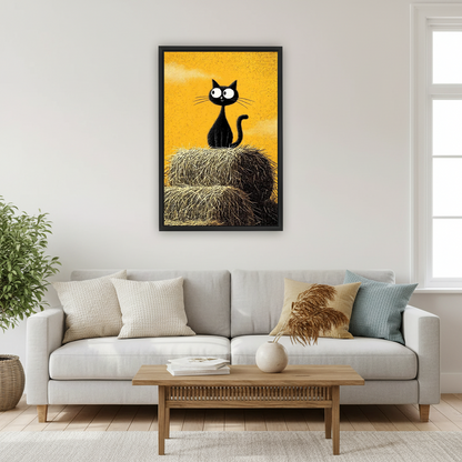Cartoon black cat on haystack framed wall art displayed above living room sofa