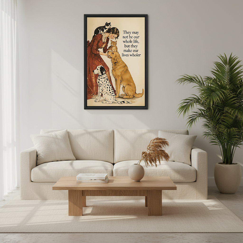 Woman in red floral dress bending to kiss orange cat with black white cat on her head golden retriever and dalmatian sitting beside her vintage watercolor illustration with lives wholer quote framed wall art hung on grey wall above cream sofa with wooden coffee table round ceramic vase pampas grass and large palm plant in Scandinavian living room