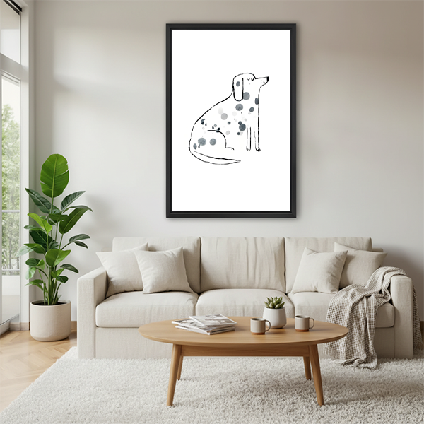 Minimalist dalmatian line art framed print hung above cream sofa with round coffee table in Scandinavian living room
