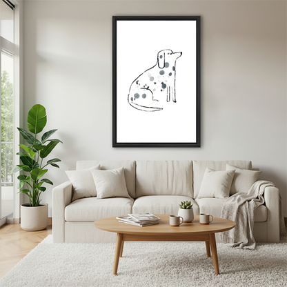 Minimalist dalmatian line art framed print hung above cream sofa with round coffee table in Scandinavian living room
