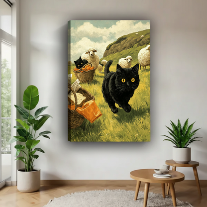 Black cat countryside gallery wrap canvas wall art no frame — vintage pastoral cat print for living room wall decor