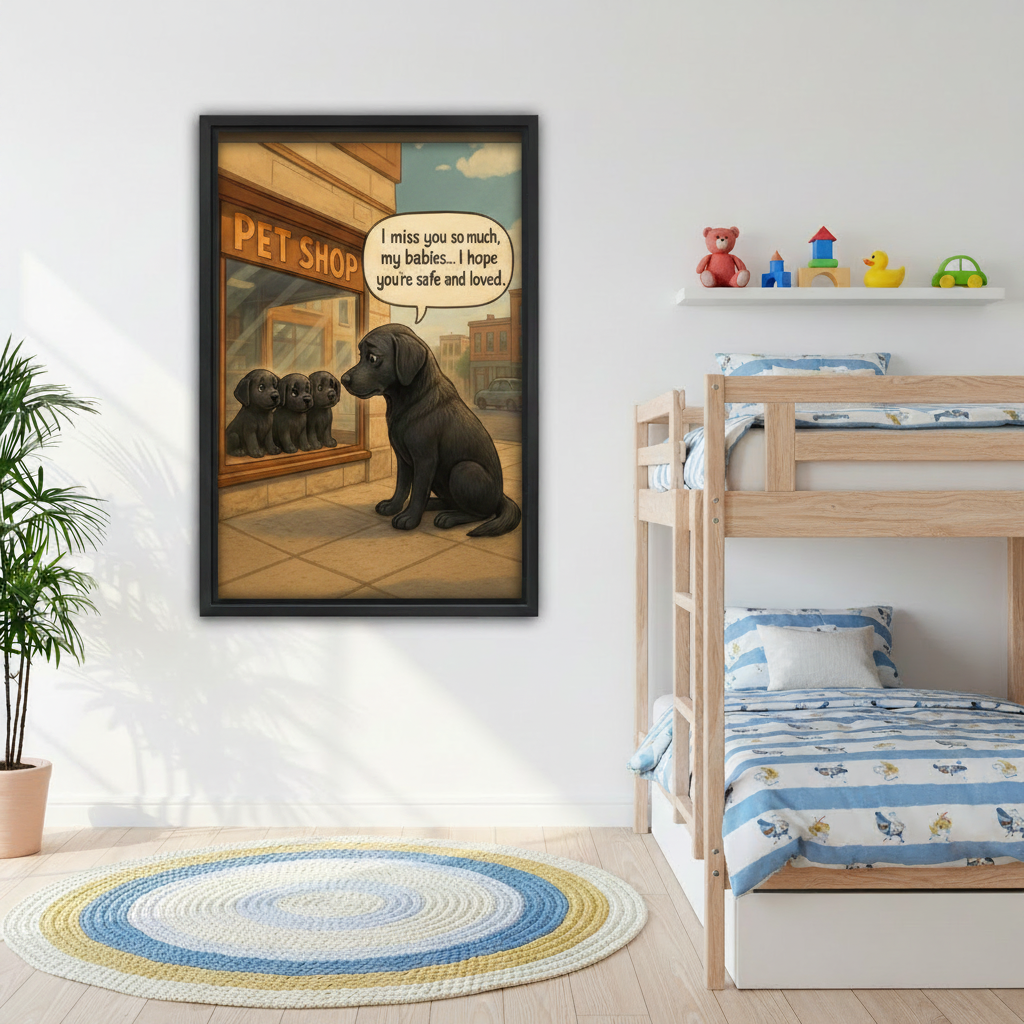 Emotional Lab mom pet shop framed canvas print, black frame, hung in kids bedroom with bunk bed