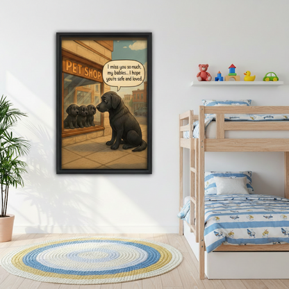 Emotional Lab mom pet shop framed canvas print, black frame, hung in kids bedroom with bunk bed