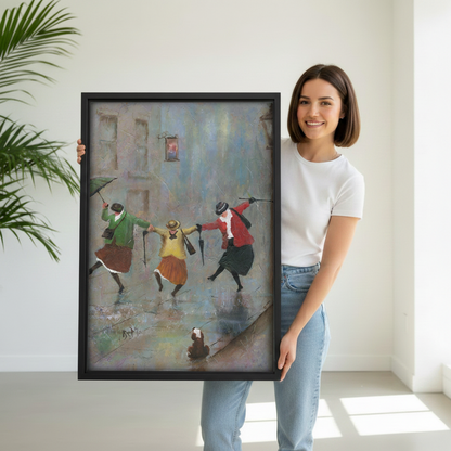 Woman holding large framed canvas print of three dancing ladies in the rain, vintage art gift idea