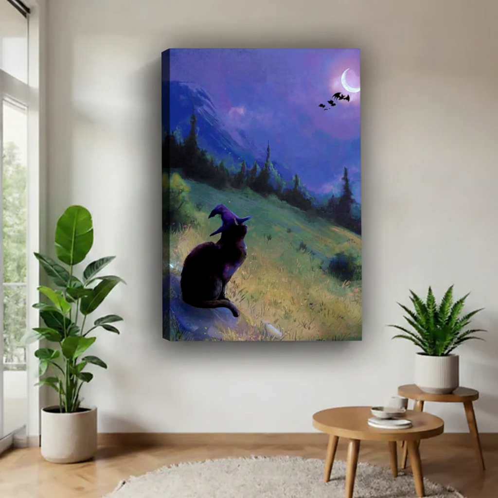 Mystical witch cat moon night gallery wrap canvas print in modern living room with tropical plants