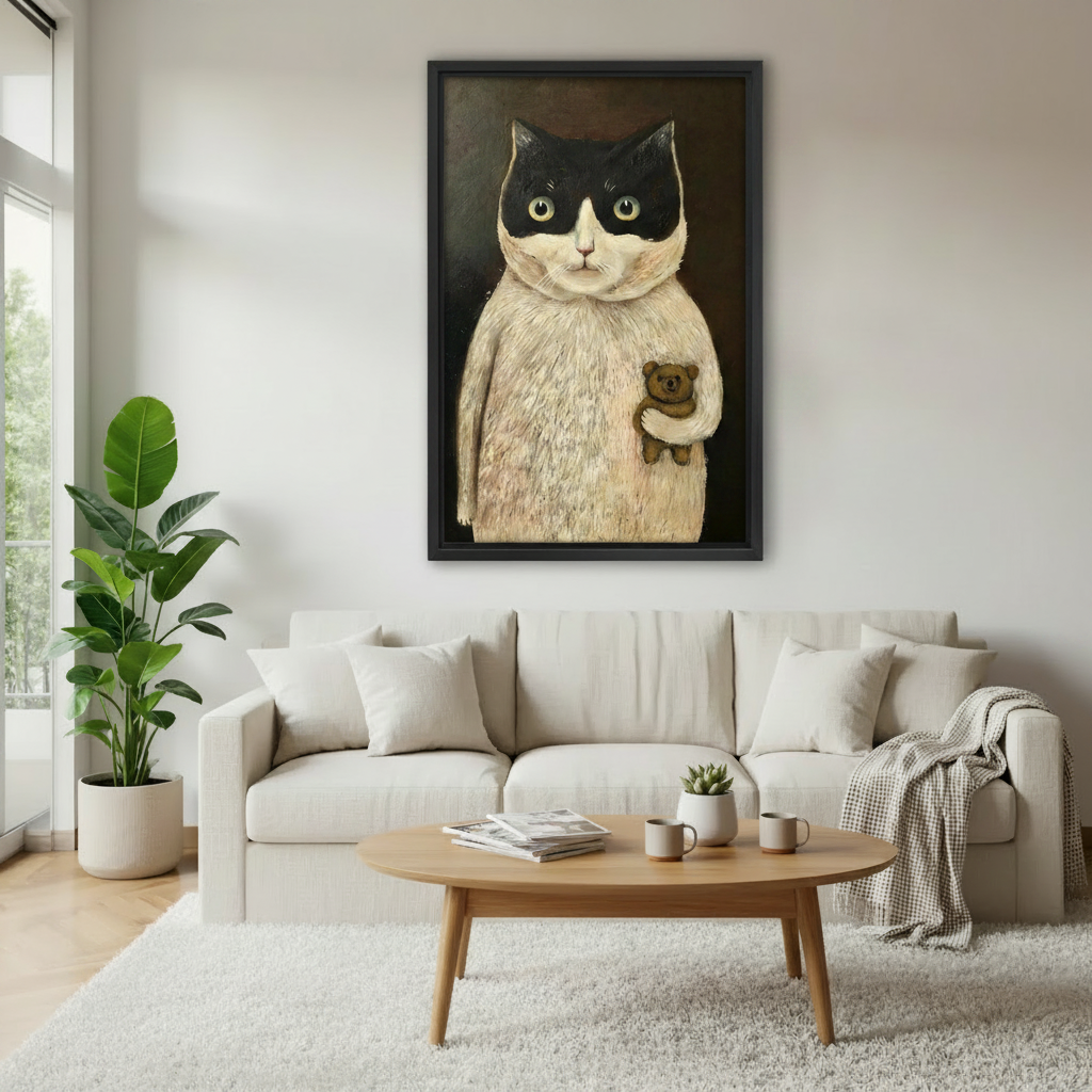 Tuxedo cat holding teddy bear whimsical framed canvas wall art above white sofa in bright living room