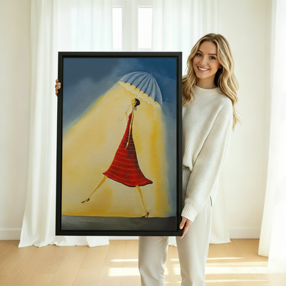 Chic surrealist wall art — woman in flowing red dress with blue umbrella striding through golden haze