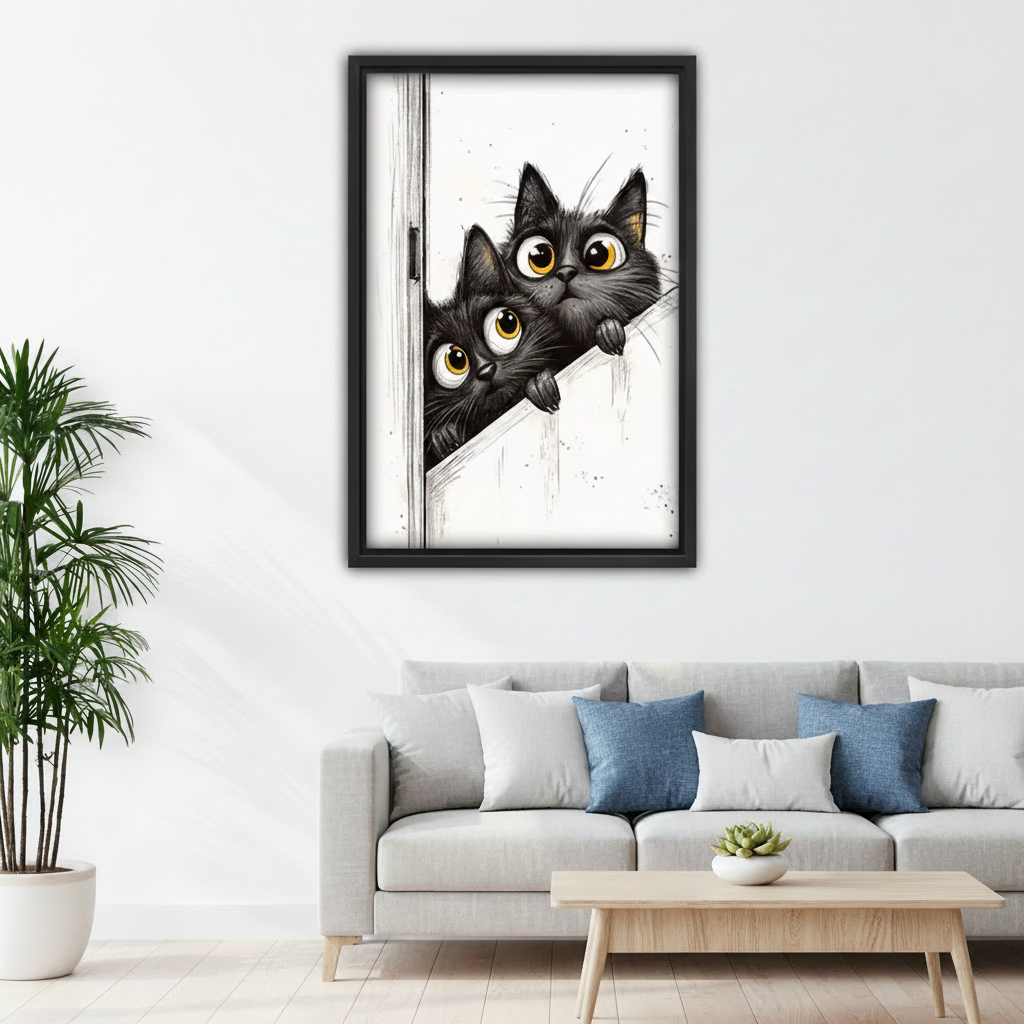 Two peeking black cats framed canvas wall art above sofa, funny cat print for living room decor