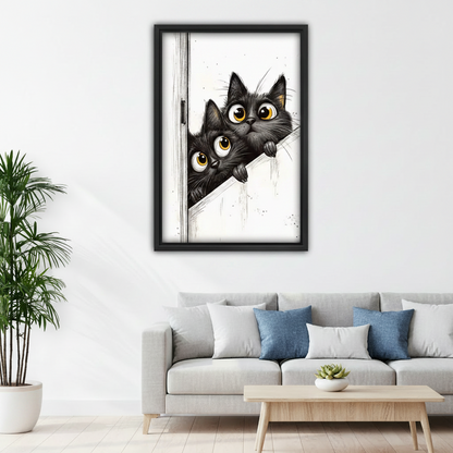 Two peeking black cats framed canvas wall art above sofa, funny cat print for living room decor