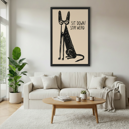 Funny quirky dog illustration framed print above white sofa – eclectic living room wall decor