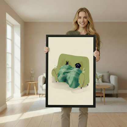 Woman holding cute cat dog cozy sofa framed canvas print — whimsical pet wall art gift idea