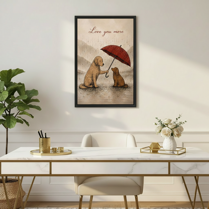 Love You More dog lover art print in black frame above white marble home office desk