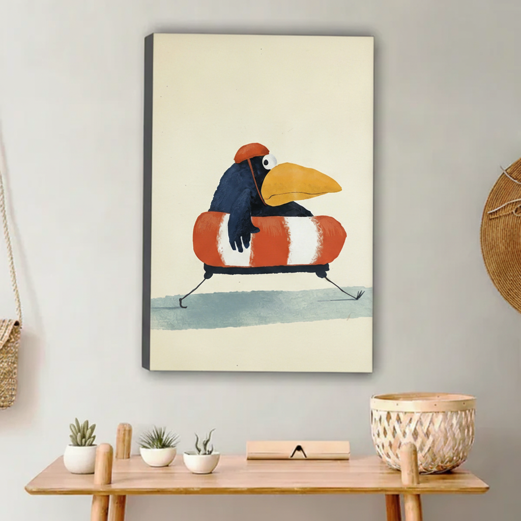 Gallery wrap canvas quirky bird illustration with visible side depth – frameless wall art for modern eclectic interiors