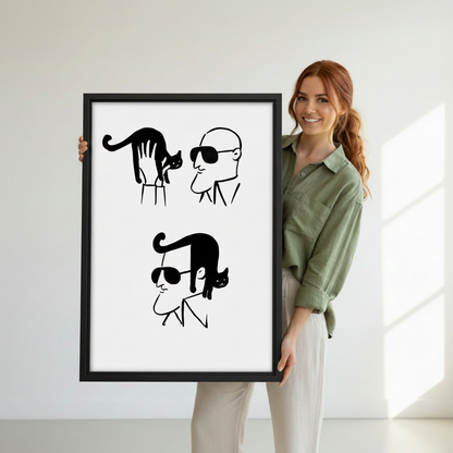 Whimsical cat line art wall print held by woman showing scale for bedroom or living room
