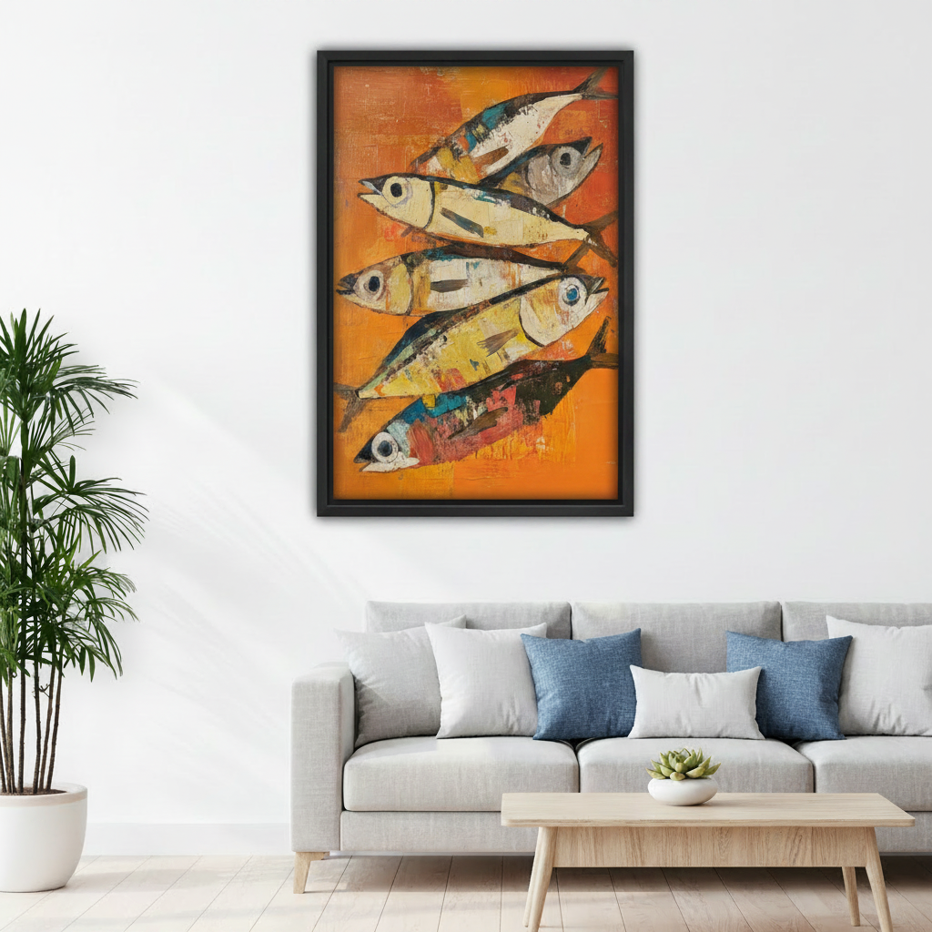 Abstract fish school framed canvas above living room sofa, bold orange coastal wall art decor