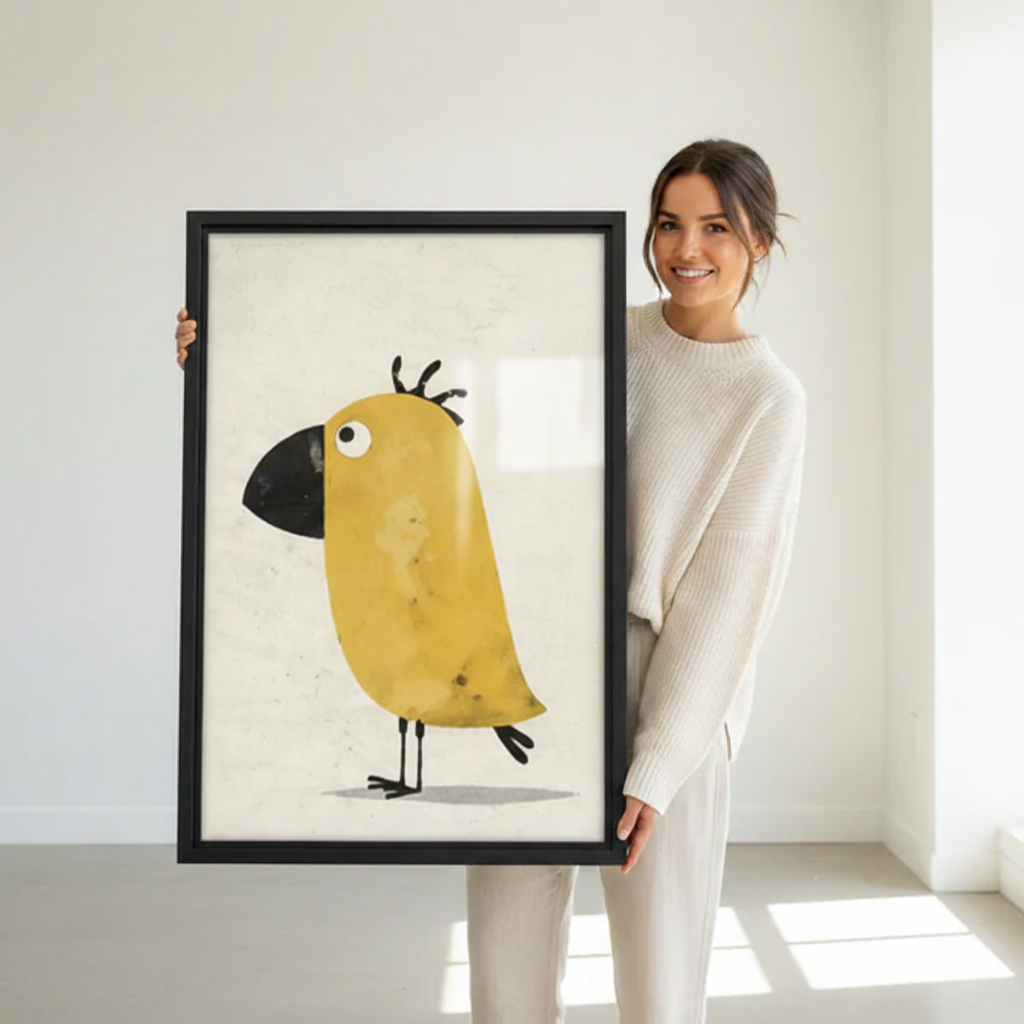 Funny Yellow Bird Wall Art – Minimalist Framed Canvas Print|Liberty Signs#L1749