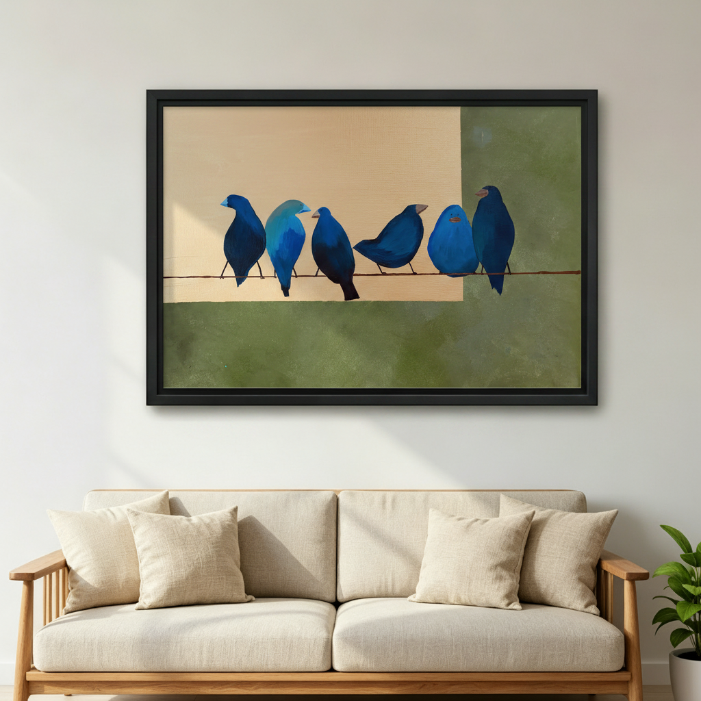 Geometric Blue Bird Framed Wall Art - Modern Minimalist Canvas Print for Living Room