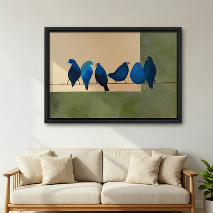 Geometric Blue Bird Framed Wall Art - Modern Minimalist Canvas Print for Living Room