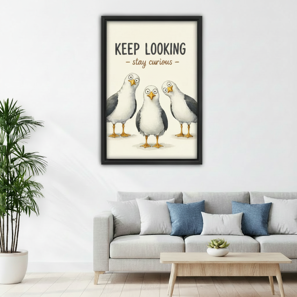 Funny seagull trio framed canvas above sofa, Keep Looking Stay Curious inspirational wall art for living room